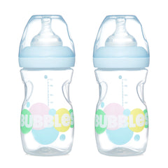 Bubbles Wide-neck BPA Free For Babies, Anti-Colic 260 ml Feeding Bottle With an Extra Nipple (Pack of 2) -Blue