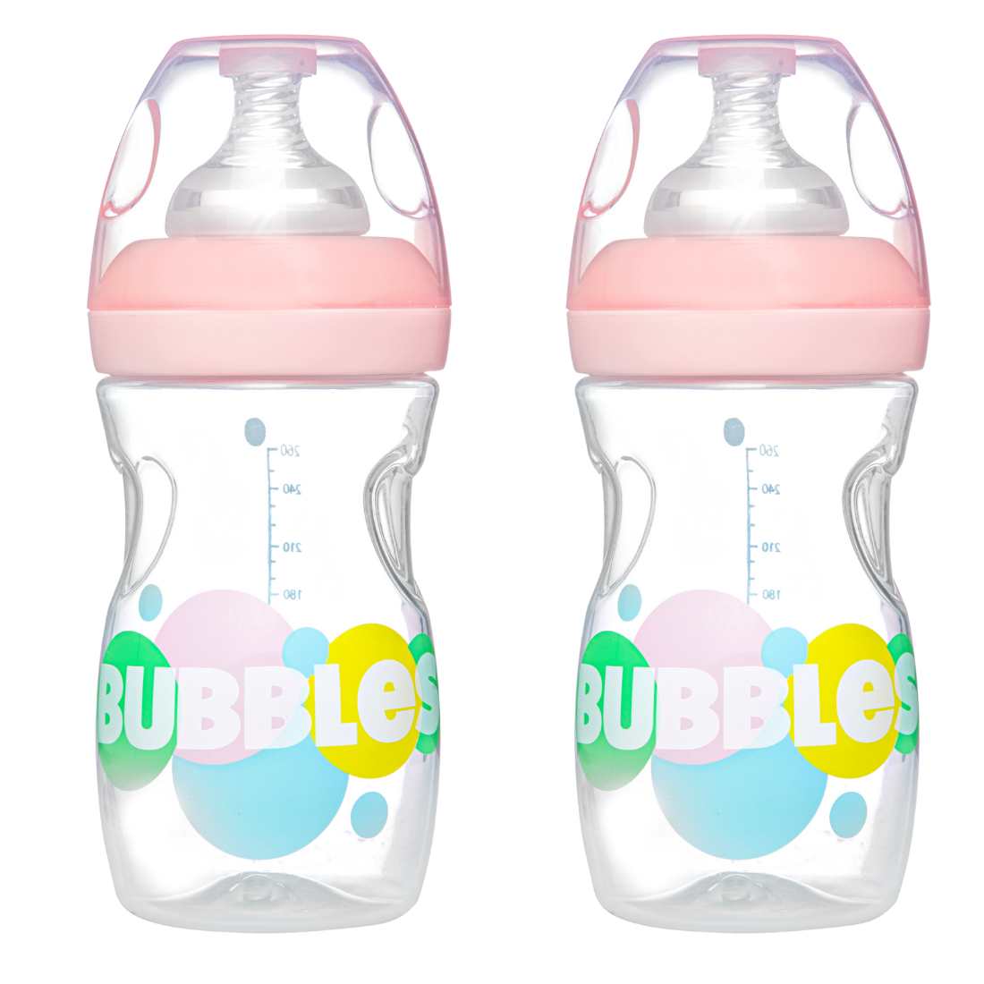 Bubbles Wide-neck BPA Free For Babies, Anti-Colic 260 ml Feeding Bottle With an Extra Nipple - Pink (Pack of 2)