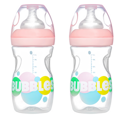 Bubbles Wide-neck BPA Free For Babies, Anti-Colic 260 ml Feeding Bottle With an Extra Nipple - Pink (Pack of 2)